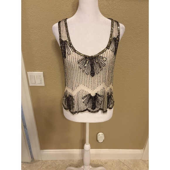 Black Tops - Women's Nude Sheer Embellished Top, By Black, Size Large